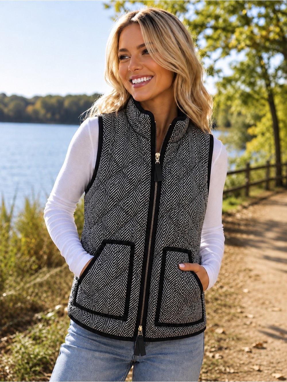 J.Crew Factory Herringbone Quilted Puffer Vest Black Tan Small